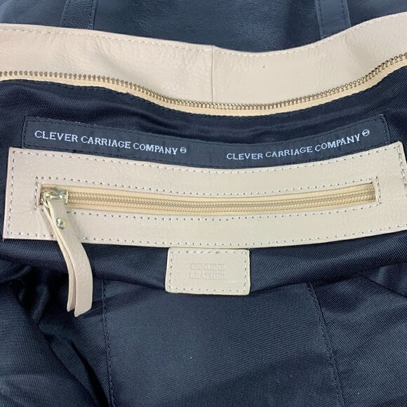 Clever Carriage Company Leather Shoulder Tote Bag Beige & Black 22"Wx14.5"Hx6"D - Picture 2 of 11
